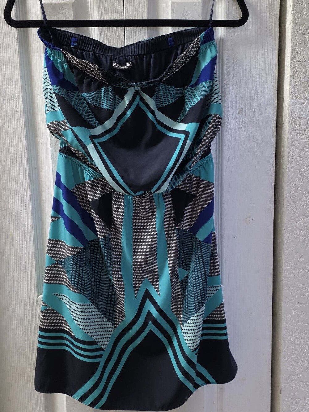 Express Strapless Geometric Dress in Teal, Black and Blue